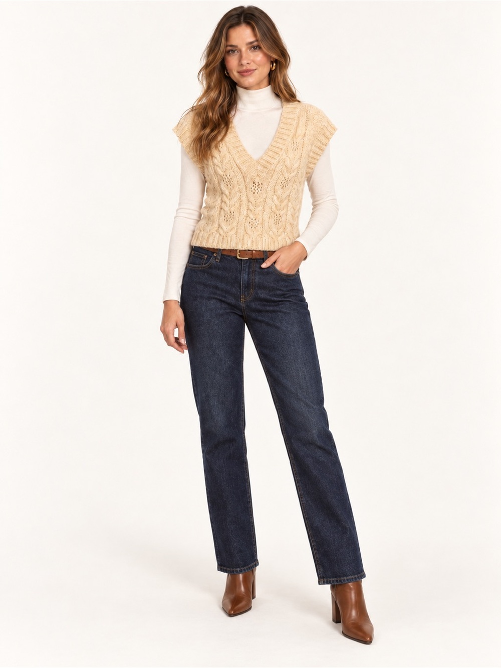 MNG by Mango Women’s XS Cream Cable Knit V-Neck Sweater Vest
